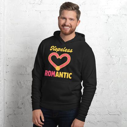 Hopeless ROMantic funny physical therapy hoodie — Black, on model