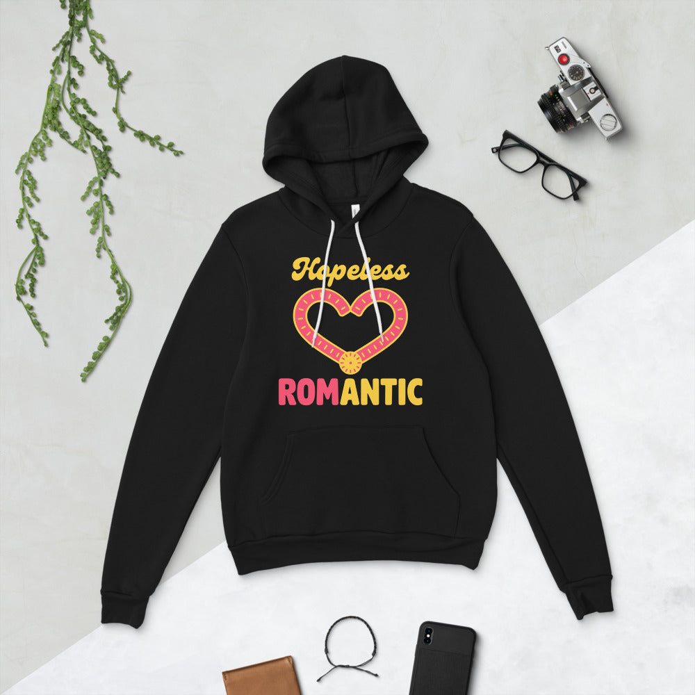 Hopeless ROMantic funny physical therapy hoodie — Black, flat lay