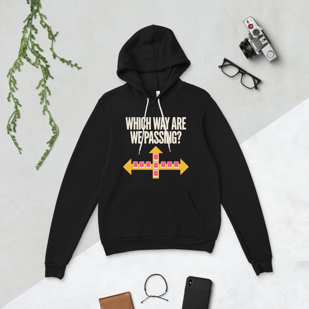 Which Way Are We Passing funny mahjong hoodie — Black, flat lay