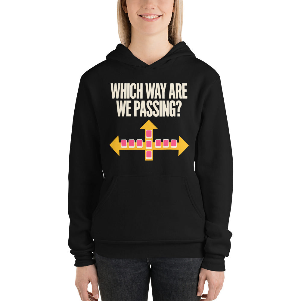 Which Way Are We Passing funny mahjong hoodie — Black, on model