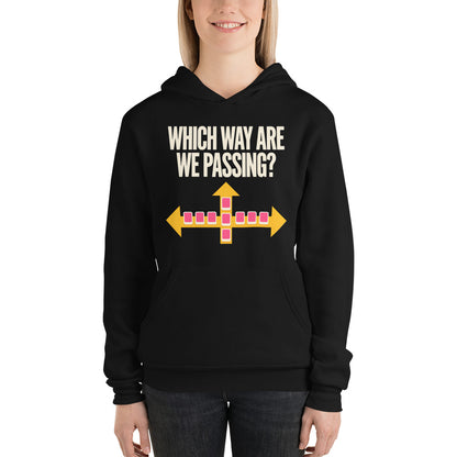 Which Way Are We Passing funny mahjong hoodie — Black, on model