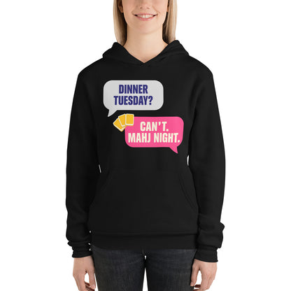 Mahj Night funny mahjong hoodie — Black, on model
