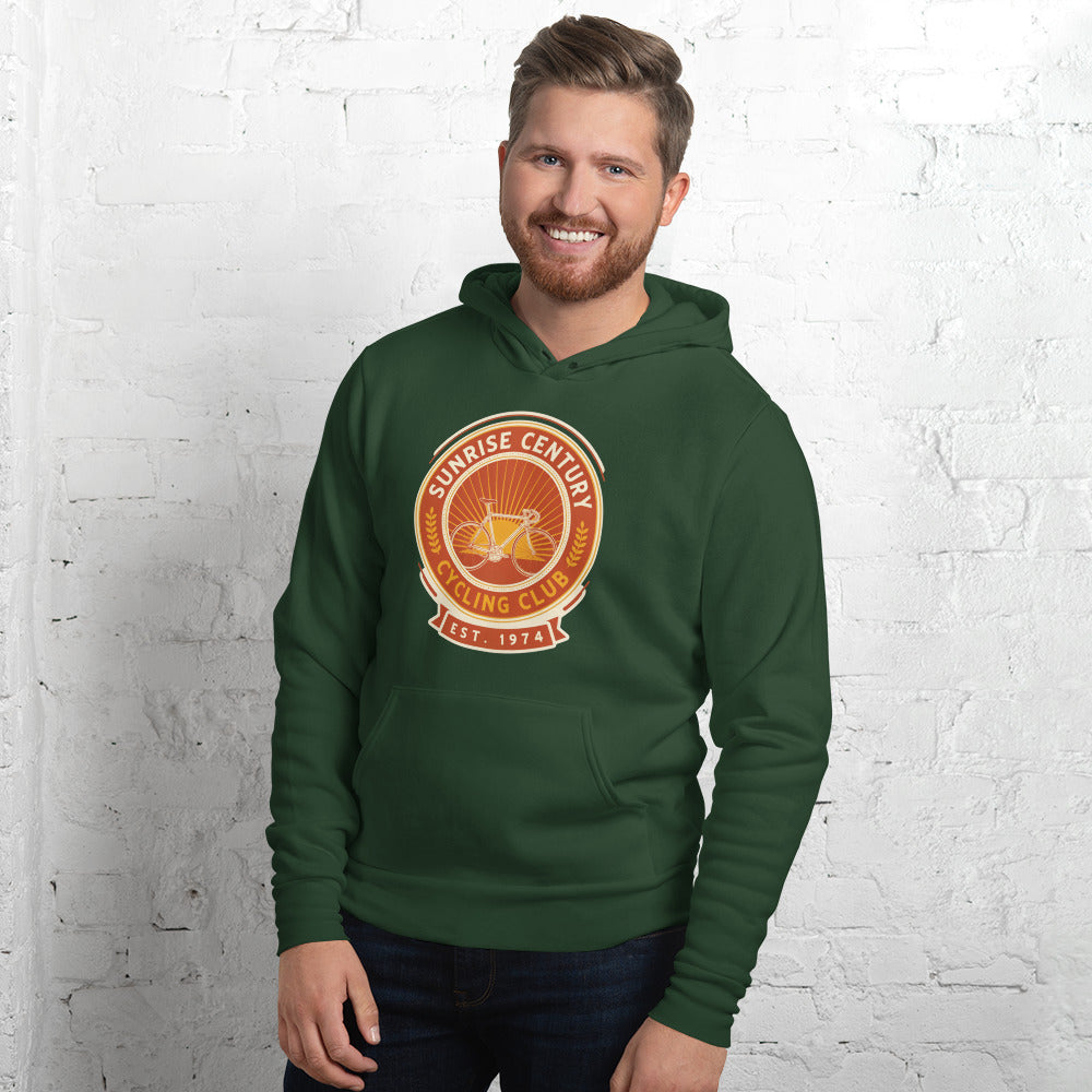 Sunrise Century C.C. retro cycling club badge hoodie — Forest, on model