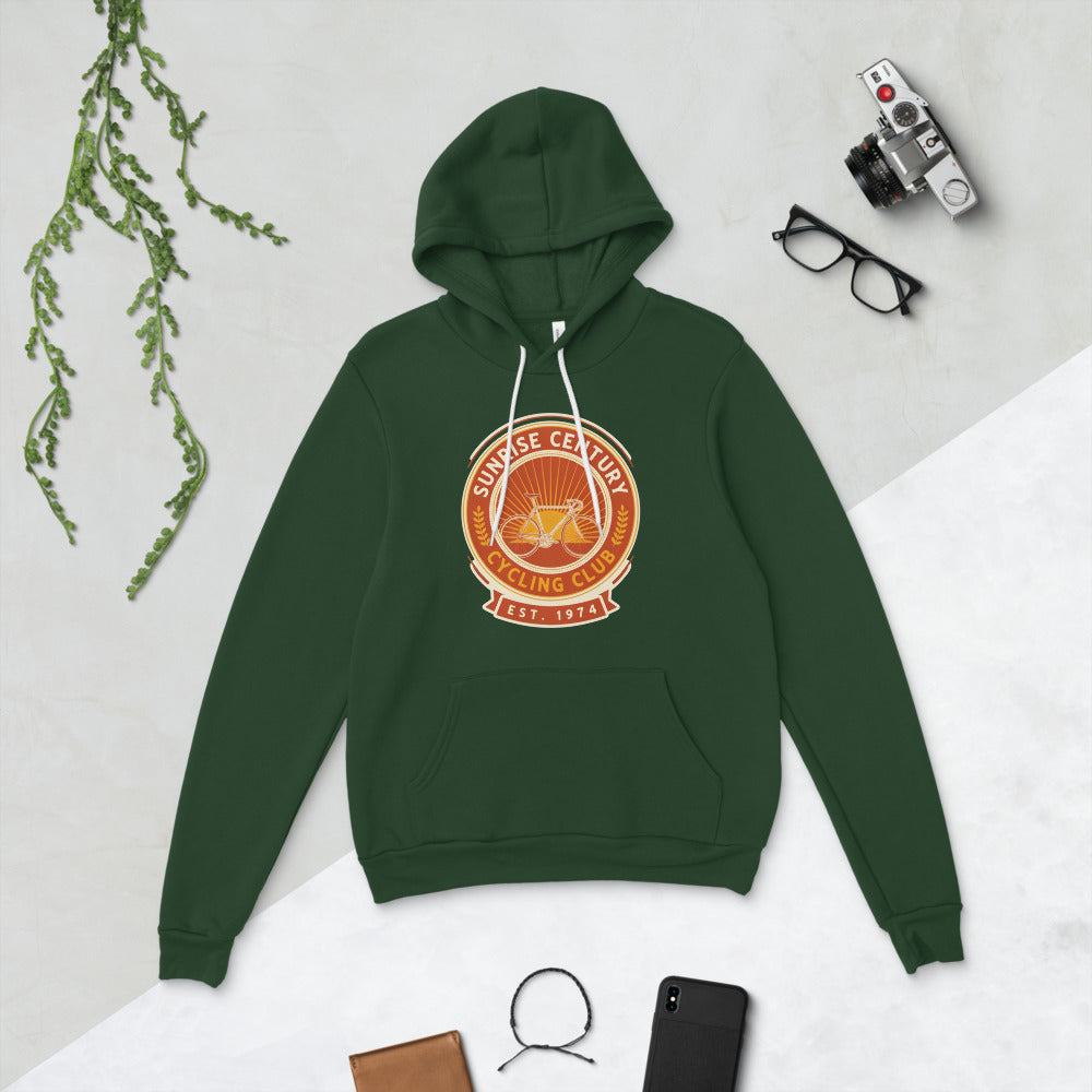 Sunrise Century C.C. retro cycling club badge hoodie — Forest, front-right