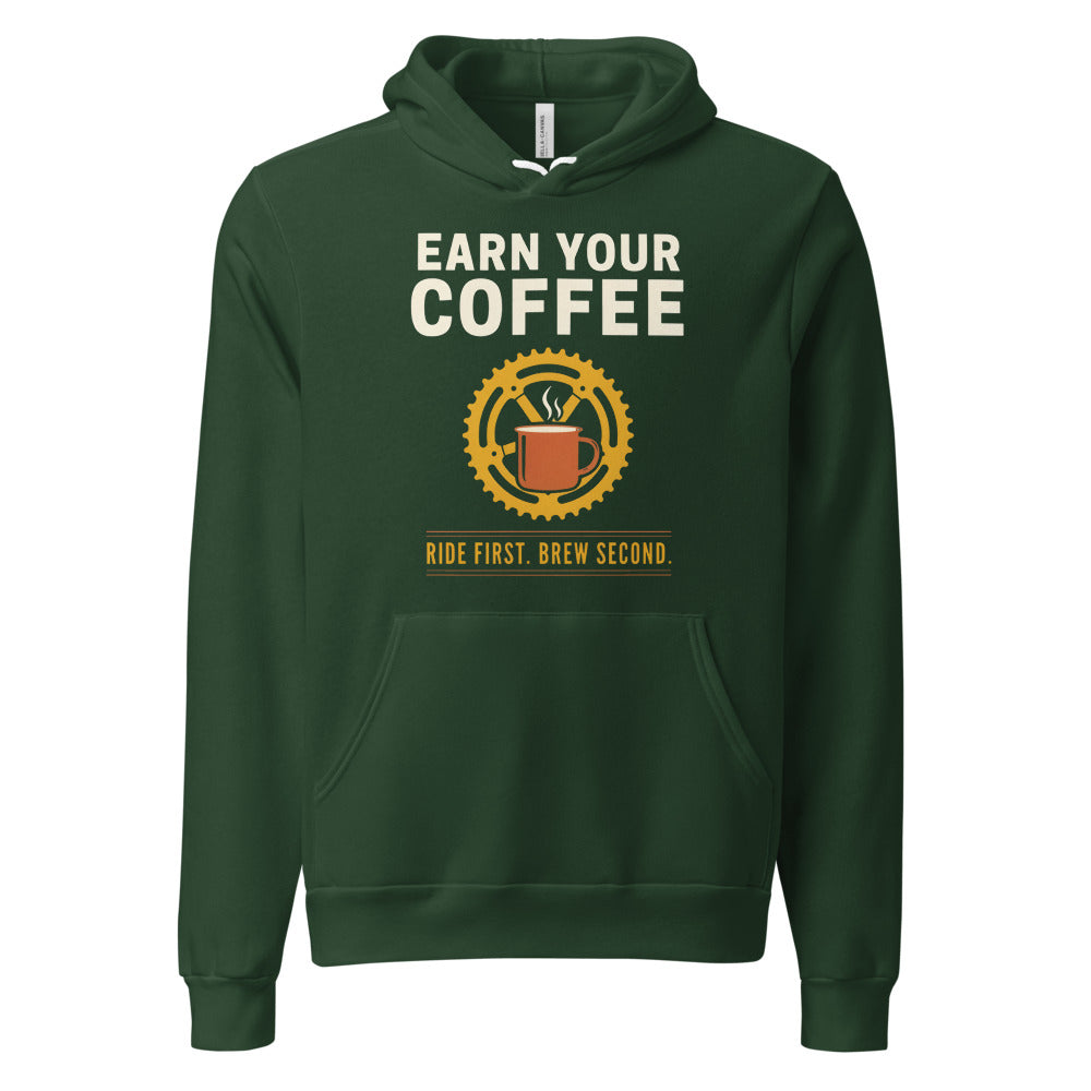 Earn Your Coffee retro cycling coffee hoodie — Forest, front