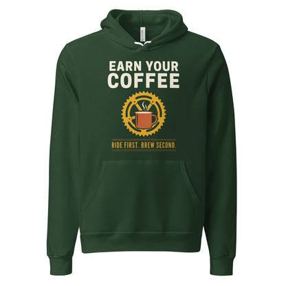 Earn Your Coffee retro cycling coffee hoodie — Forest, front