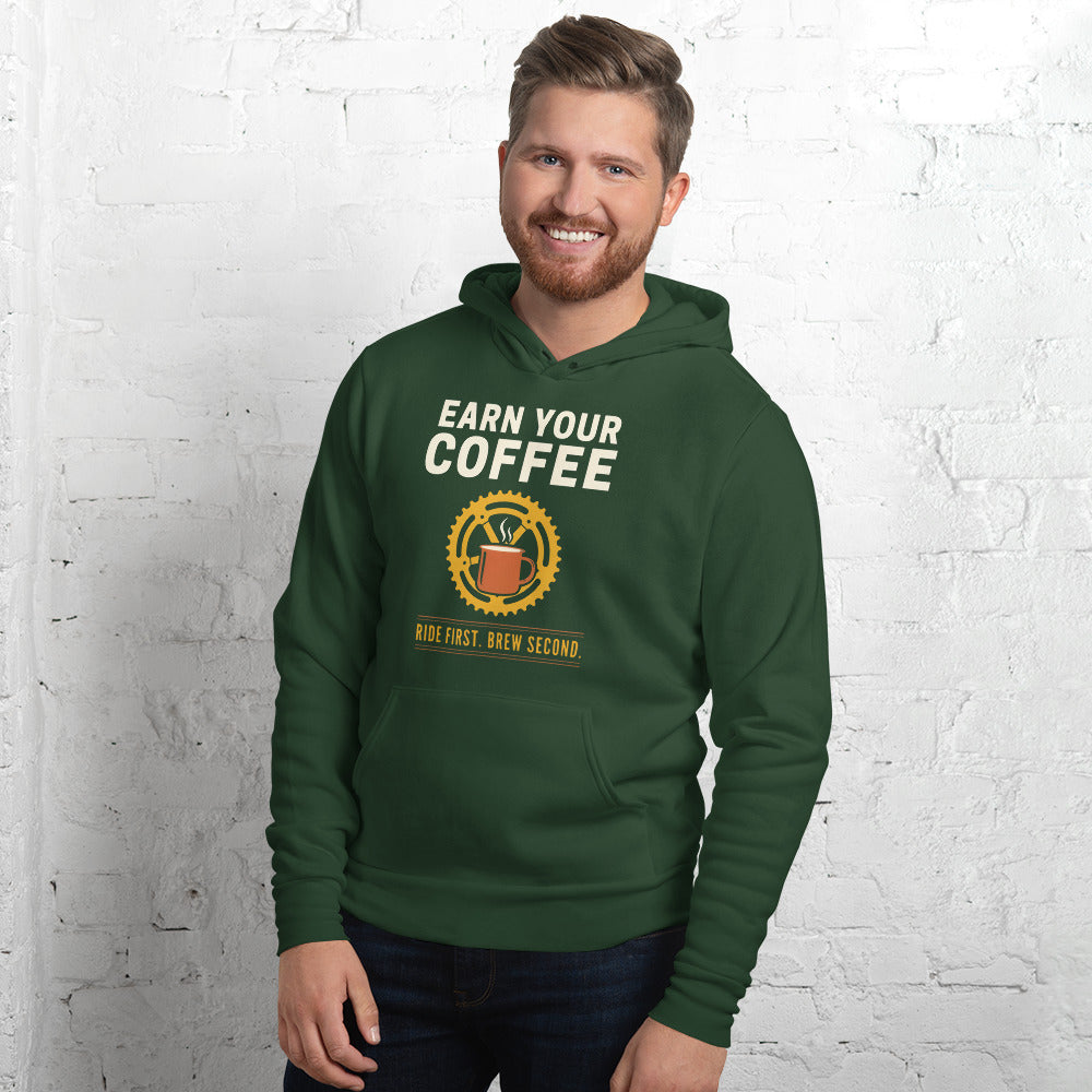 Earn Your Coffee retro cycling coffee hoodie — Forest, on model