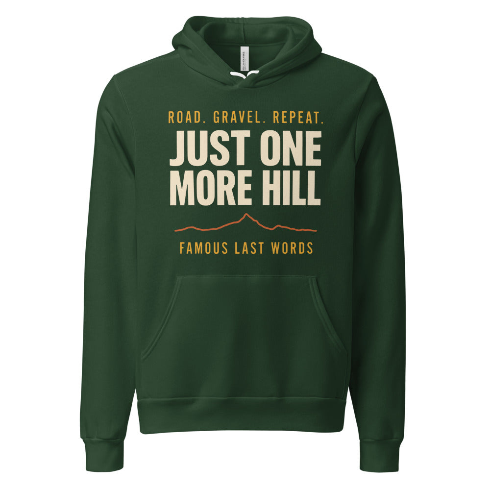 Just One More Hill retro cycling climb hoodie — Forest, front