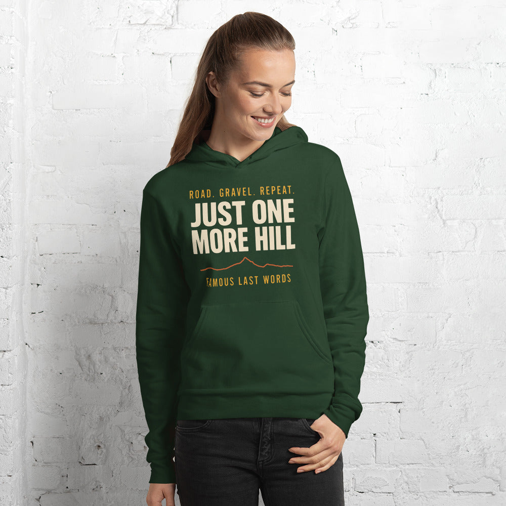Just One More Hill retro cycling climb hoodie — Forest, on model