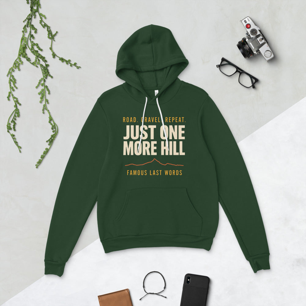 Just One More Hill retro cycling climb hoodie — Forest, front-right