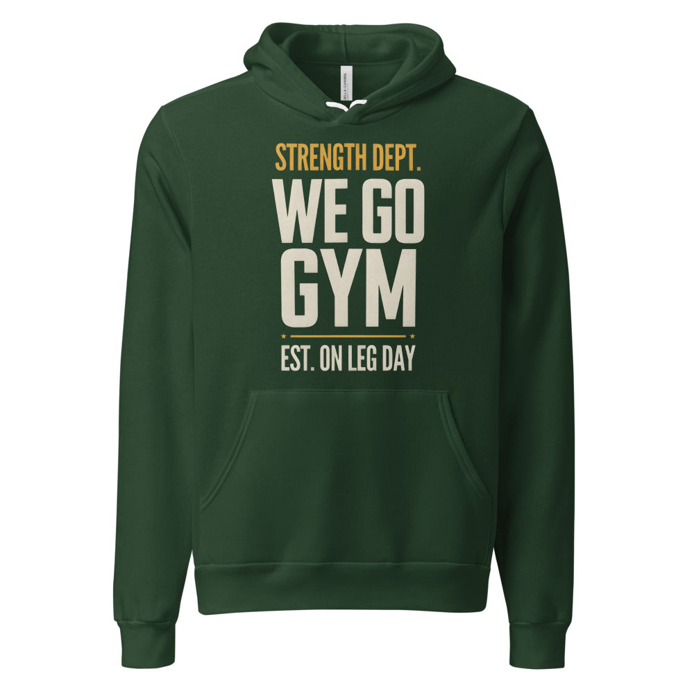 We Go Gym vintage athletic hoodie — Forest, front