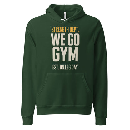 We Go Gym vintage athletic hoodie — Forest, front