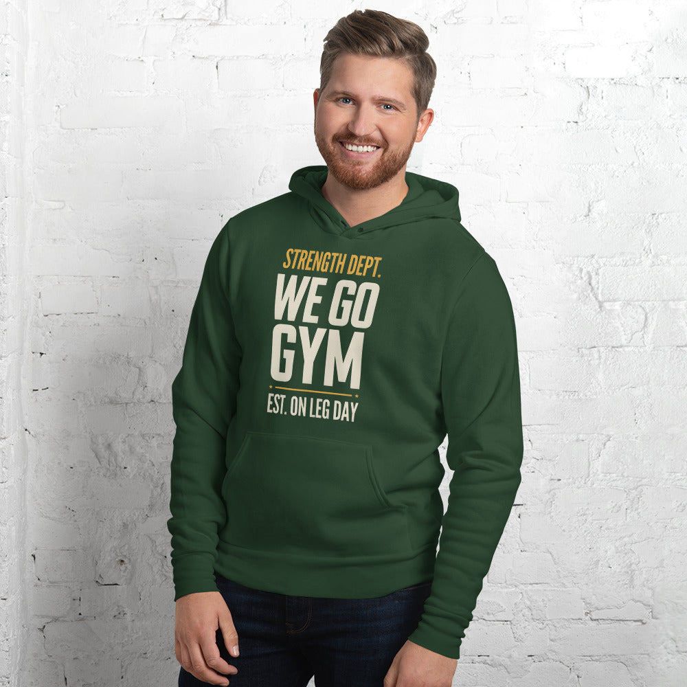 We Go Gym vintage athletic hoodie — Forest, on model