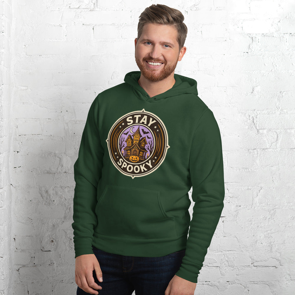 Stay Spooky retro Halloween vintage badge hoodie — Forest, on model