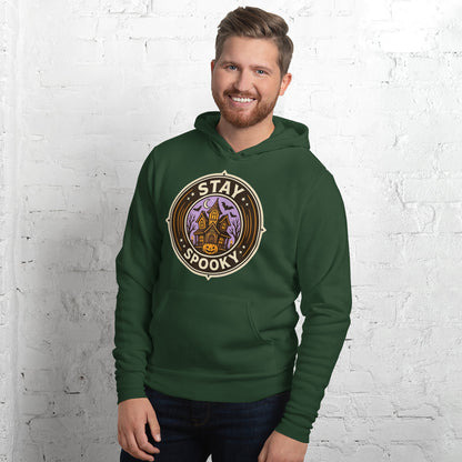 Stay Spooky retro Halloween vintage badge hoodie — Forest, on model