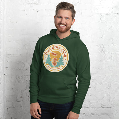 Disc Golf Club retro badge hoodie — Forest, on model