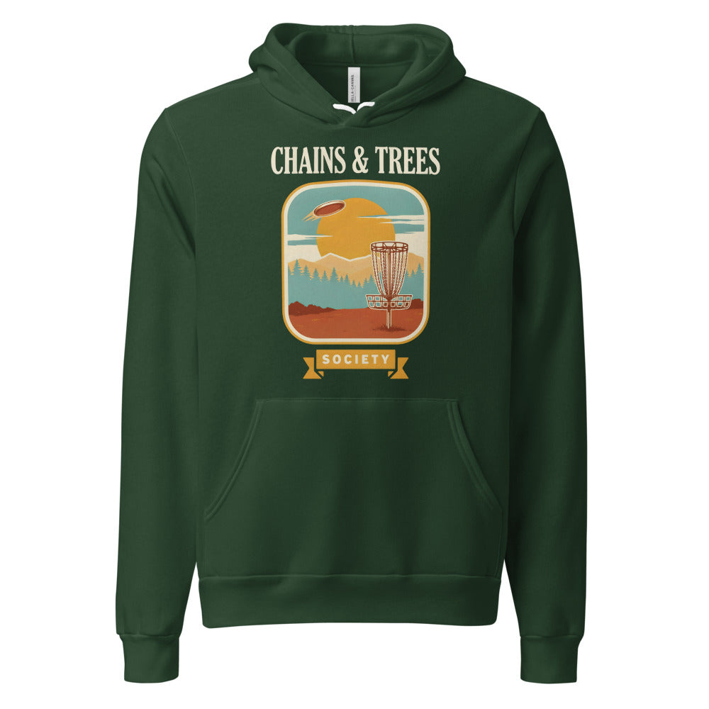 Chains & Trees Society disc golf retro landscape hoodie — Forest, front
