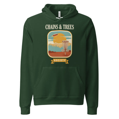 Chains & Trees Society disc golf retro landscape hoodie — Forest, front