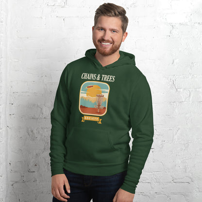 Chains & Trees Society disc golf retro landscape hoodie — Forest, on model