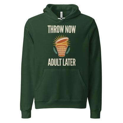 Throw Now Adult Later disc golf retro hoodie — Forest, front
