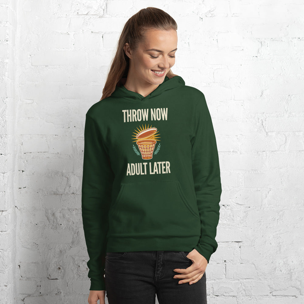 Throw Now Adult Later disc golf retro hoodie — Forest, on model