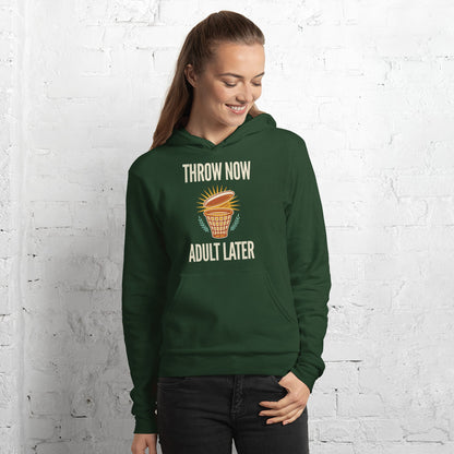 Throw Now Adult Later disc golf retro hoodie — Forest, on model