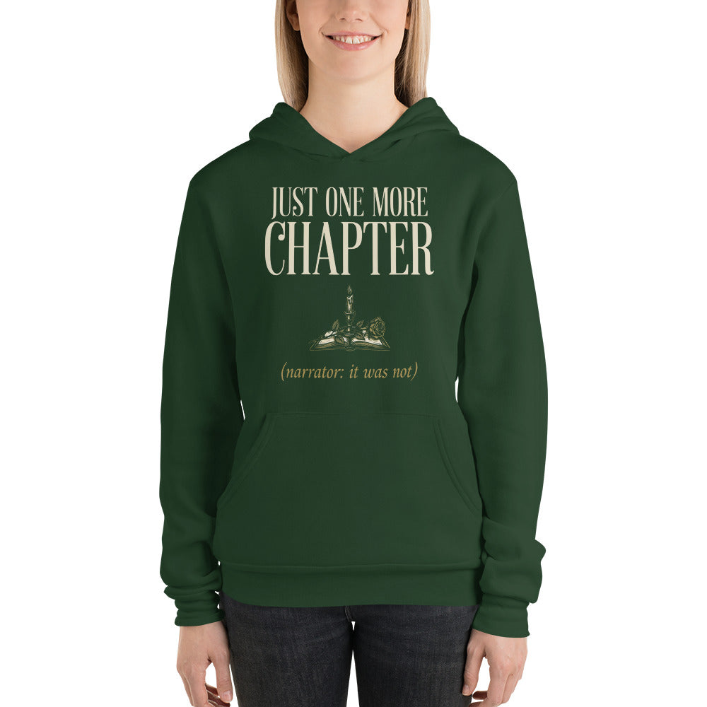 Just One More Chapter book lover dark academia hoodie — Forest, on model
