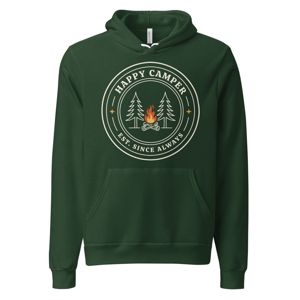 Happy Camper retro camp badge hoodie — Forest, front