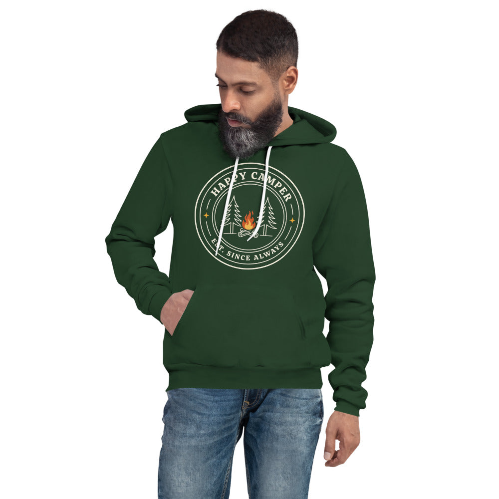 Happy Camper retro camp badge hoodie — Forest, on model