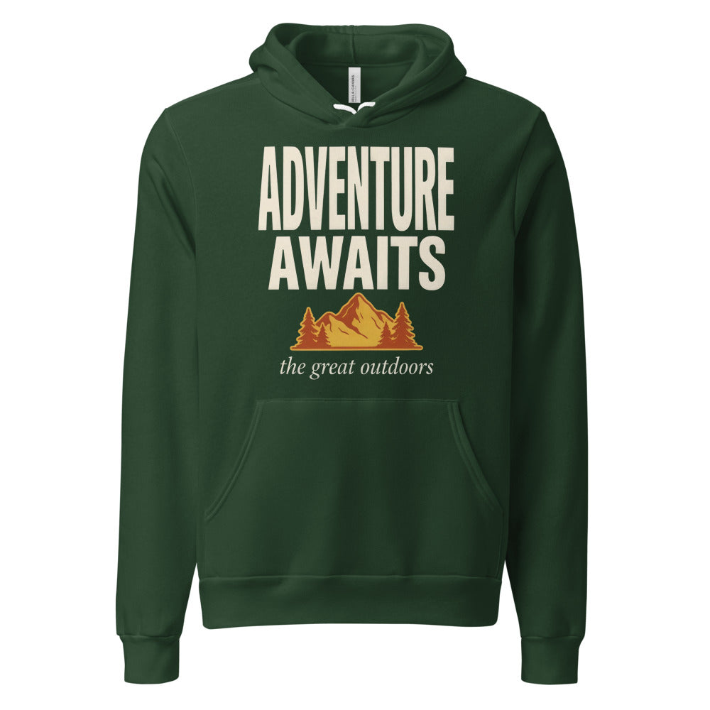 Adventure Awaits retro outdoors typography hoodie — Forest, front