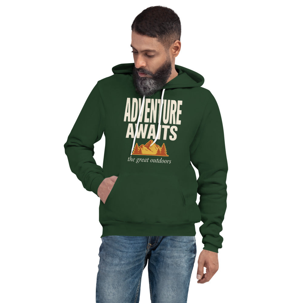 Adventure Awaits retro outdoors typography hoodie — Forest, on model