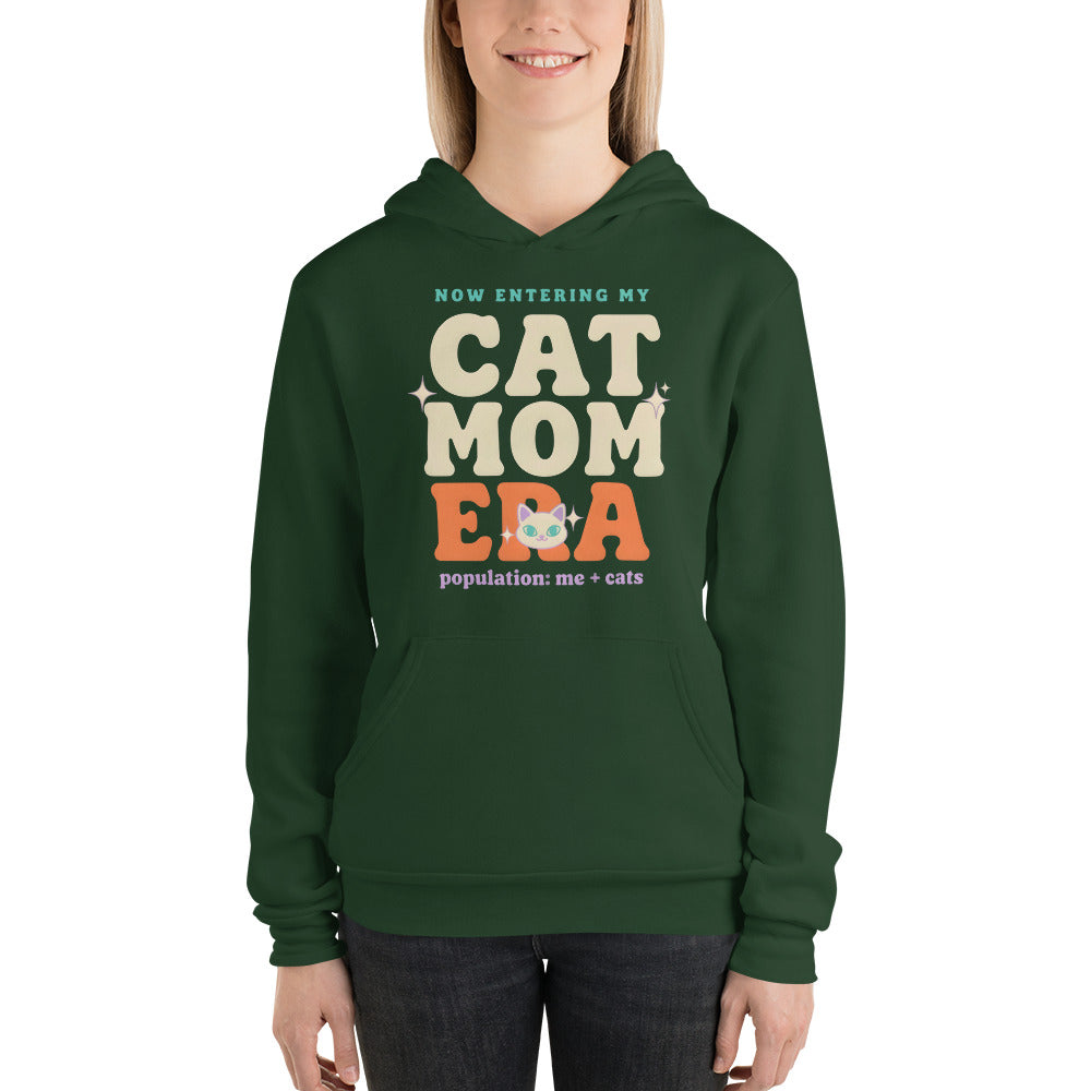 Cat Mom Era retro Y2K hoodie — Forest, on model