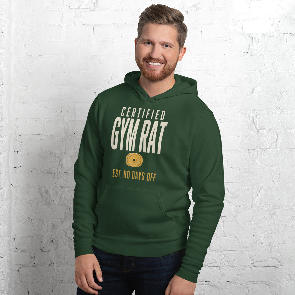 Certified Gym Rat vintage athletic hoodie — Forest, on model