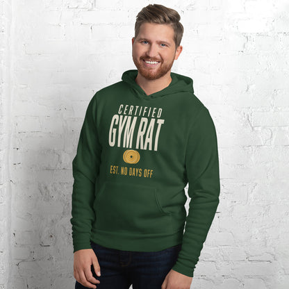 Certified Gym Rat vintage athletic hoodie — Forest, on model