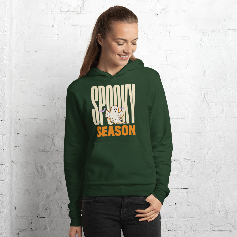 Spooky Season retro Halloween ghost typography hoodie — Forest, on model