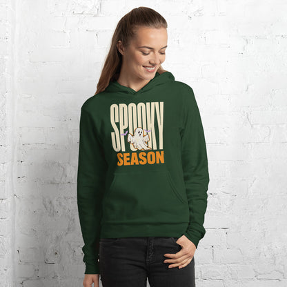 Spooky Season retro Halloween ghost typography hoodie — Forest, on model