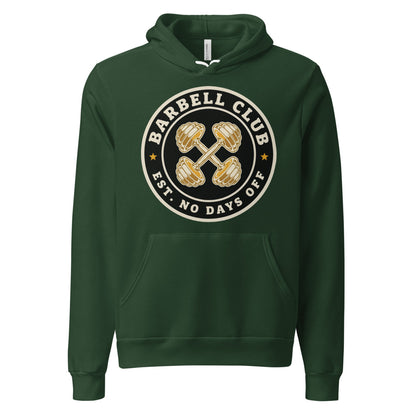 Barbell Club No Days Off vintage gym hoodie — Forest, front