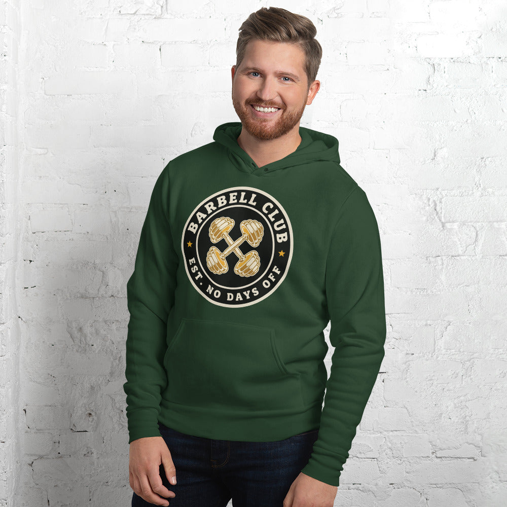 Barbell Club No Days Off vintage gym hoodie — Forest, on model