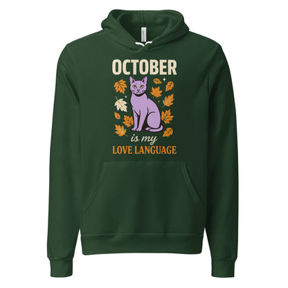 October Is My Love Language retro Halloween black cat hoodie — Forest, front