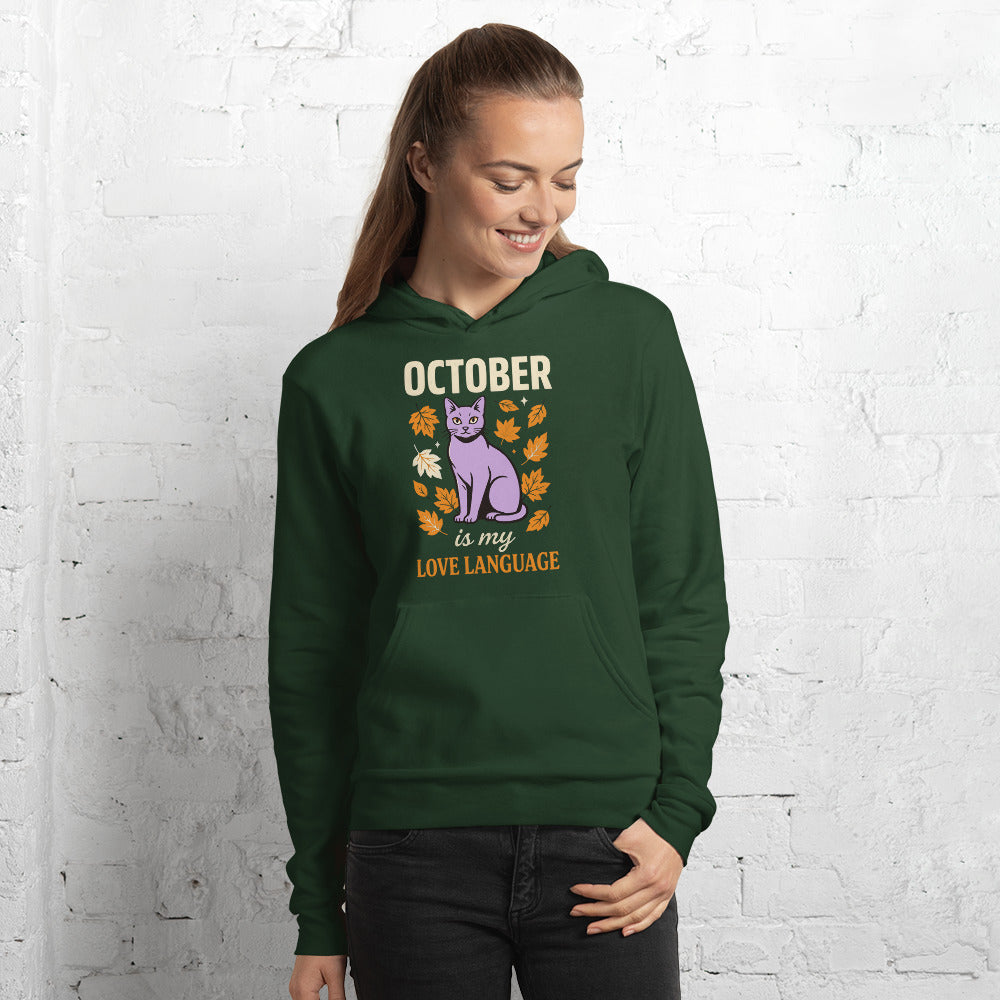 October Is My Love Language retro Halloween black cat hoodie — Forest, on model