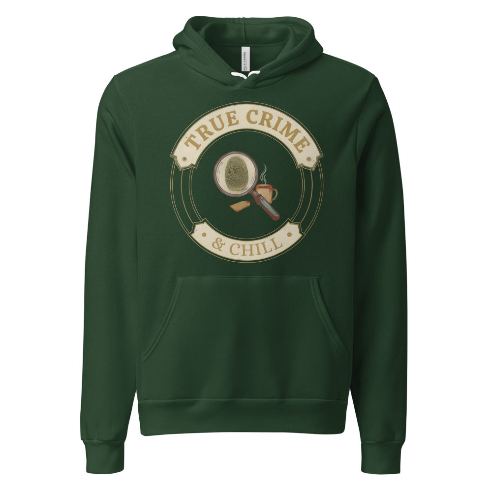 True Crime and Chill vintage case-file badge hoodie — Forest, front