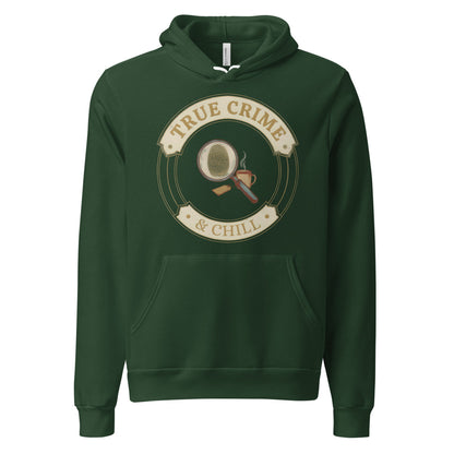 True Crime and Chill vintage case-file badge hoodie — Forest, front