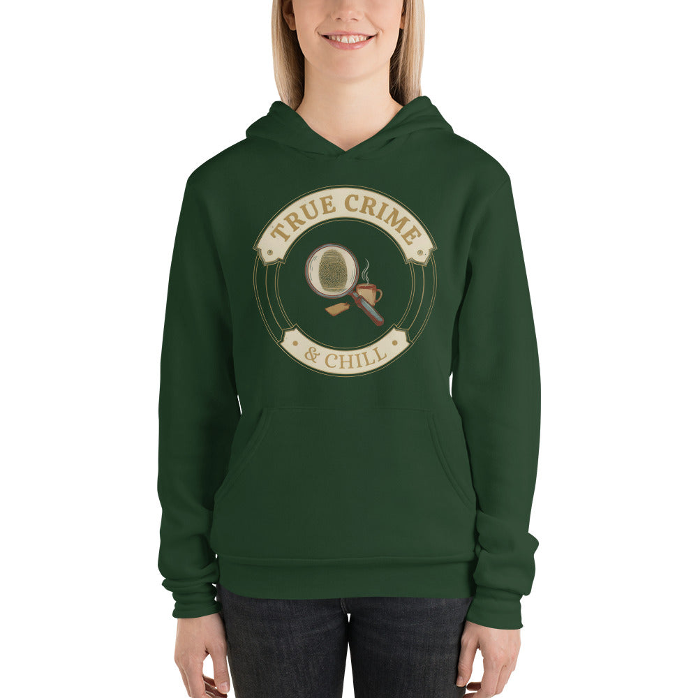 True Crime and Chill vintage case-file badge hoodie — Forest, on model