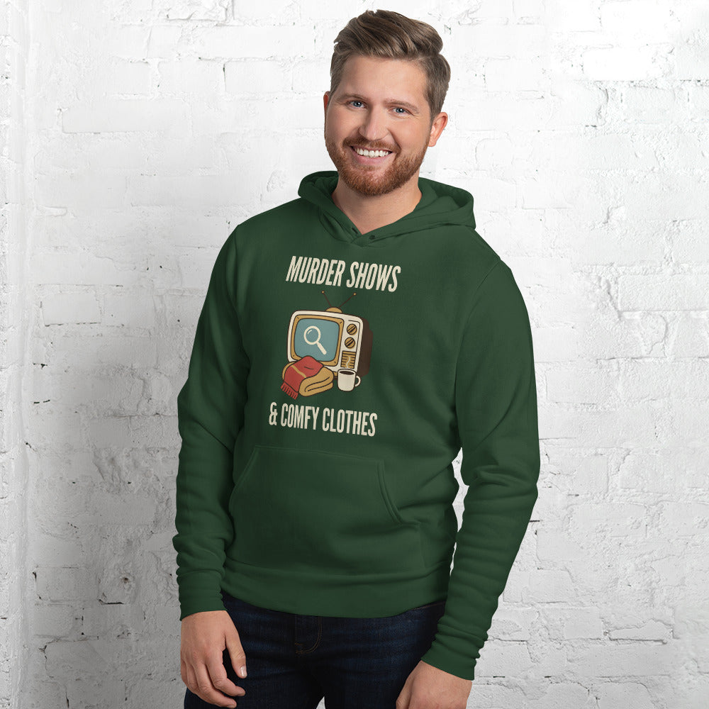 Murder Shows and Comfy Clothes cozy true crime hoodie — Forest, on model