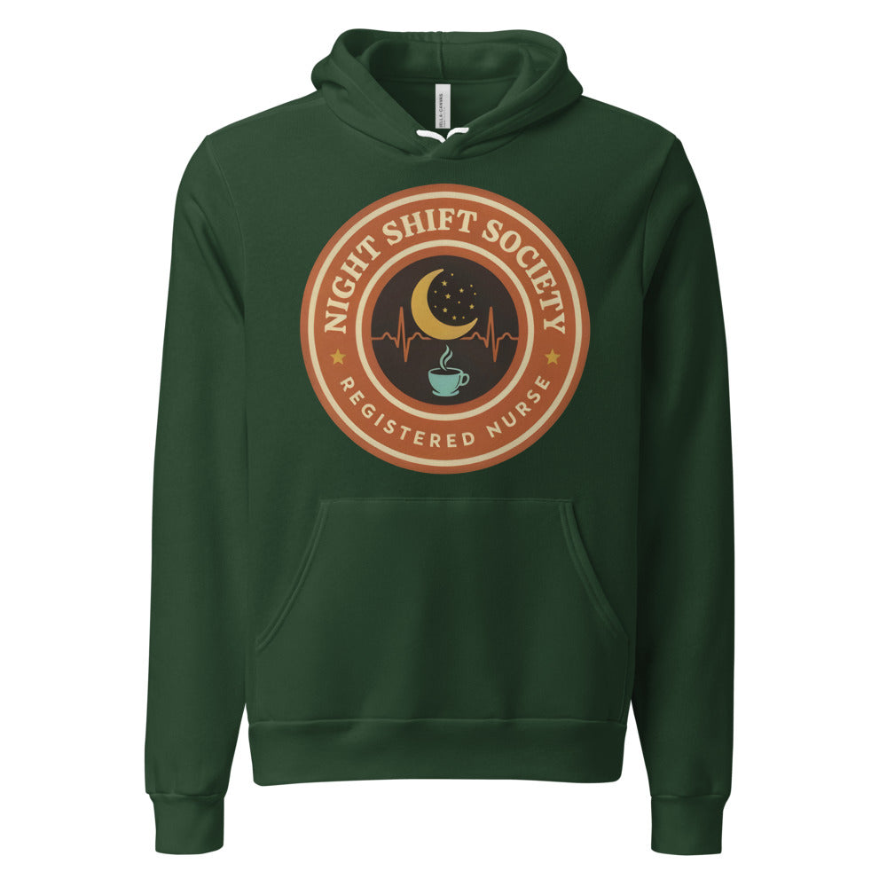 Night Shift Society retro registered nurse badge hoodie — Forest, front