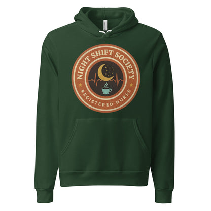 Night Shift Society retro registered nurse badge hoodie — Forest, front