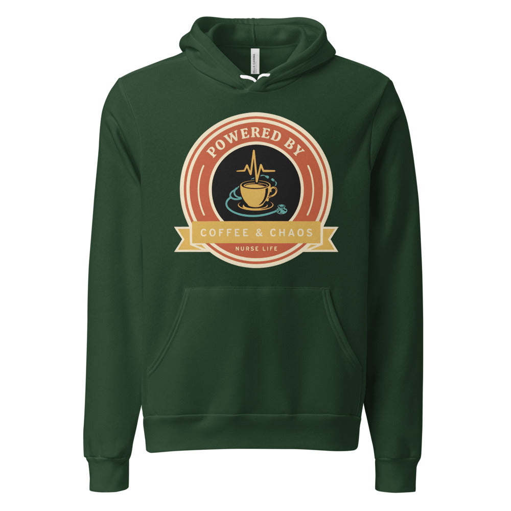 Powered by Coffee & Chaos retro nurse badge hoodie — Forest, front