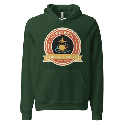 Powered by Coffee & Chaos retro nurse badge hoodie — Forest, front