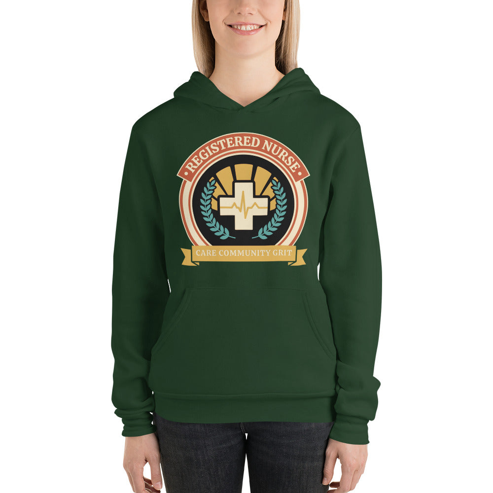 Registered Nurse vintage healthcare emblem badge hoodie — Forest, on model