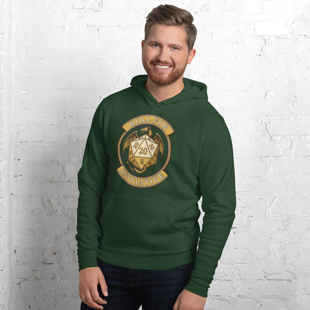 Roll For Initiative d20 dragon tabletop RPG hoodie — Forest, on model
